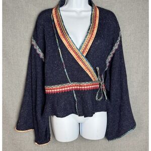 Anthropologie Moth Small Ribbon Trimmed Kimono Wrap Sweater Navy Alpaca Wool